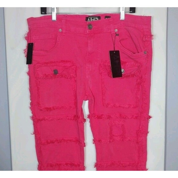 AHP Men's Jeans Sz 36x36 Pink Stacked Distressed Frayed Hip Hop Punk Streetwear - Picture 3 of 14